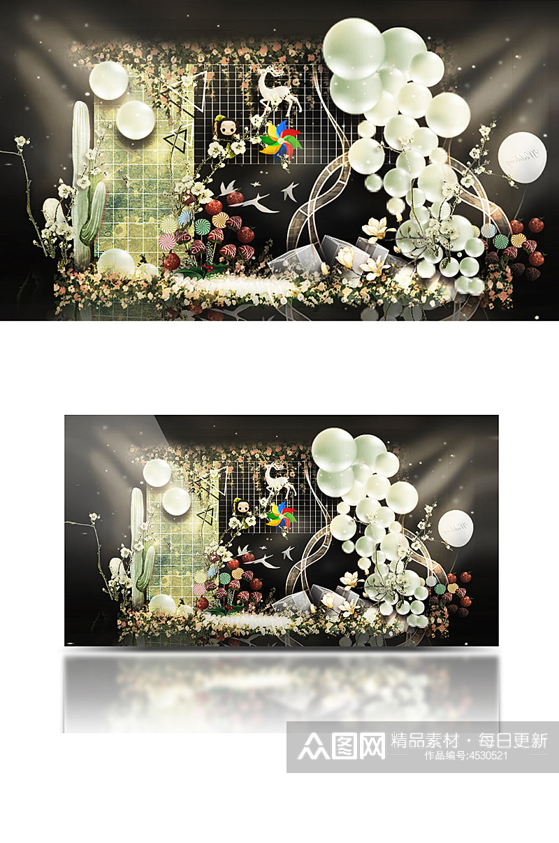 墨绿色宝宝宴效果图气球生日宴合影背景板素材