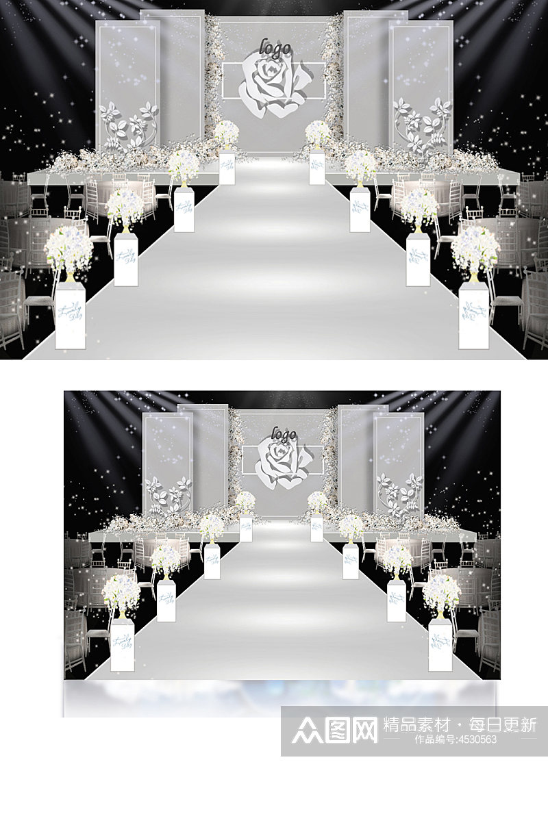 灰色系白玫瑰婚礼效果图简约舞台仪式区素材