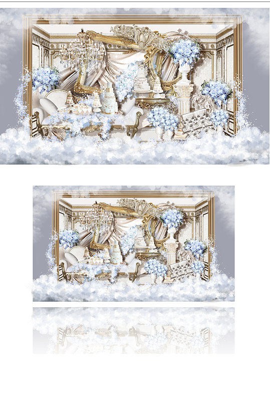 欧式轻奢婚礼甜品区设计图蓝色香槟金背景板-众图网