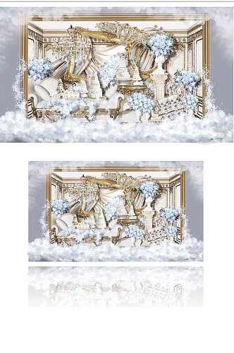 欧式轻奢婚礼甜品区设计图蓝色香槟金背景板
