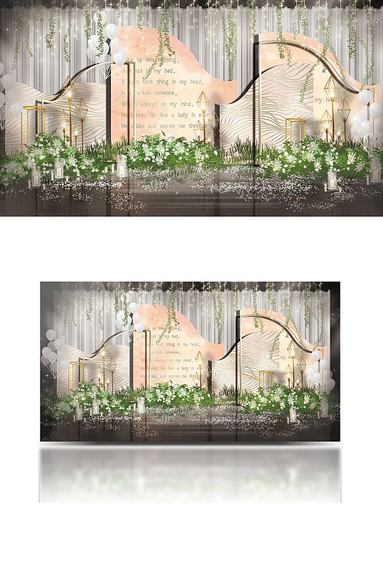 香槟色简约甜品婚礼工装效果图合影迎宾背景-众图网