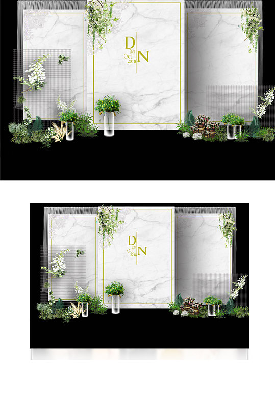 白绿色大理石迎宾合影背景板清新简约INS