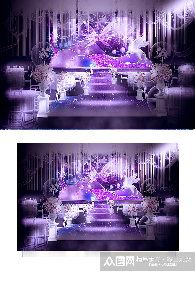 仪式区婚礼效果图梦幻紫色舞台素材