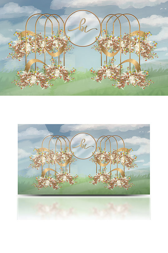 金色镂空户外婚礼效果图铁艺拱门合影-众图网