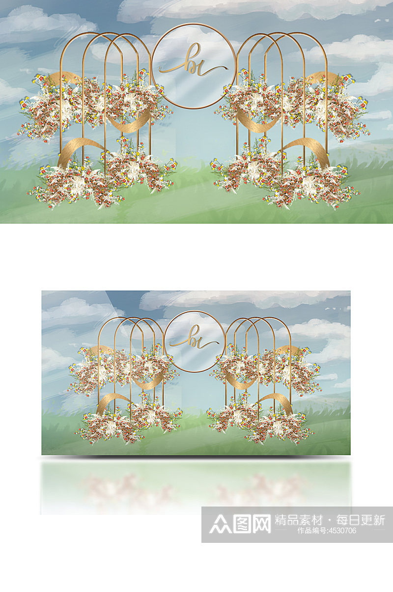 金色镂空户外婚礼效果图铁艺拱门合影素材