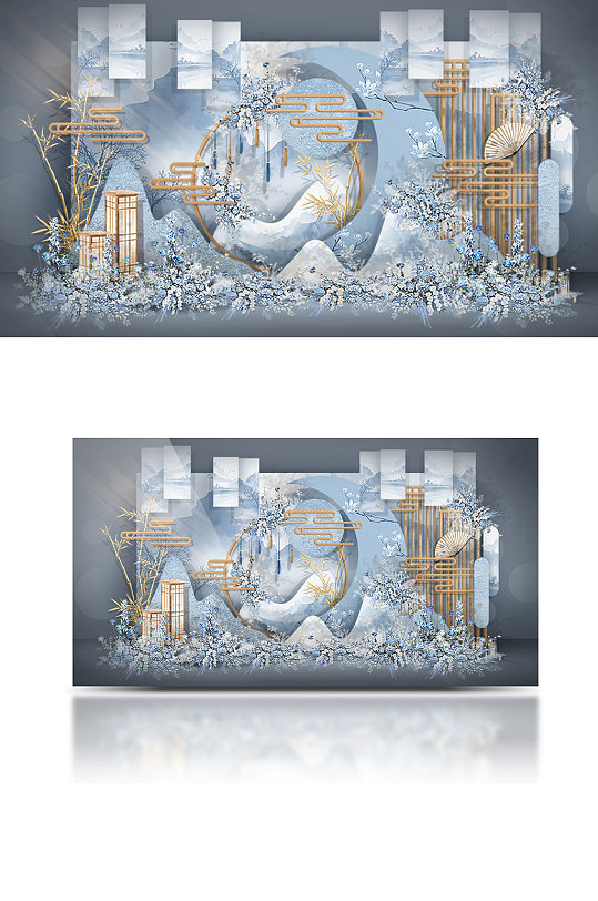 原创雾霾蓝婚礼新中式迎宾区效果图背景水墨-众图网