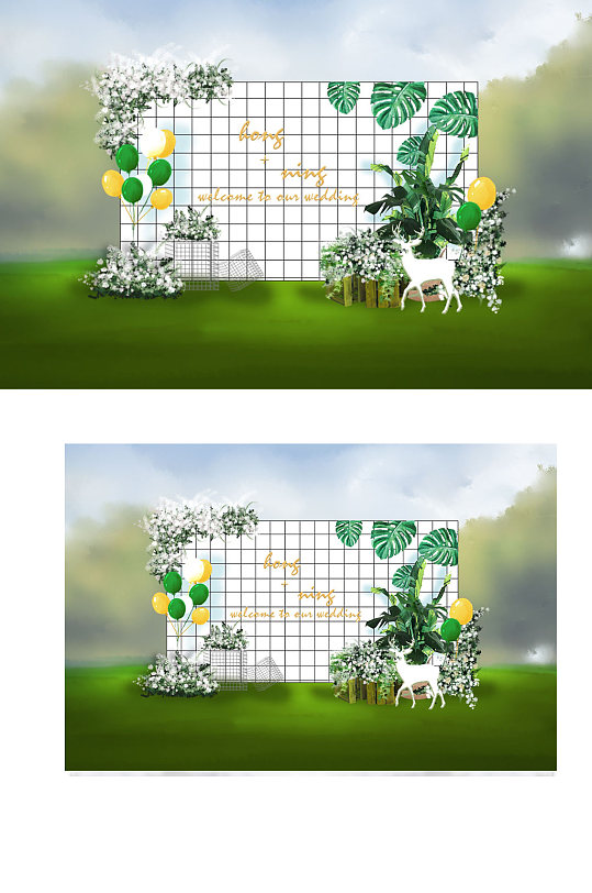 白绿迎宾区户外婚礼效果图简约合影背景板-众图网