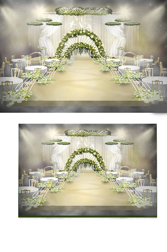 森系婚礼高清手绘效果图黄绿色舞台仪式区-众图网