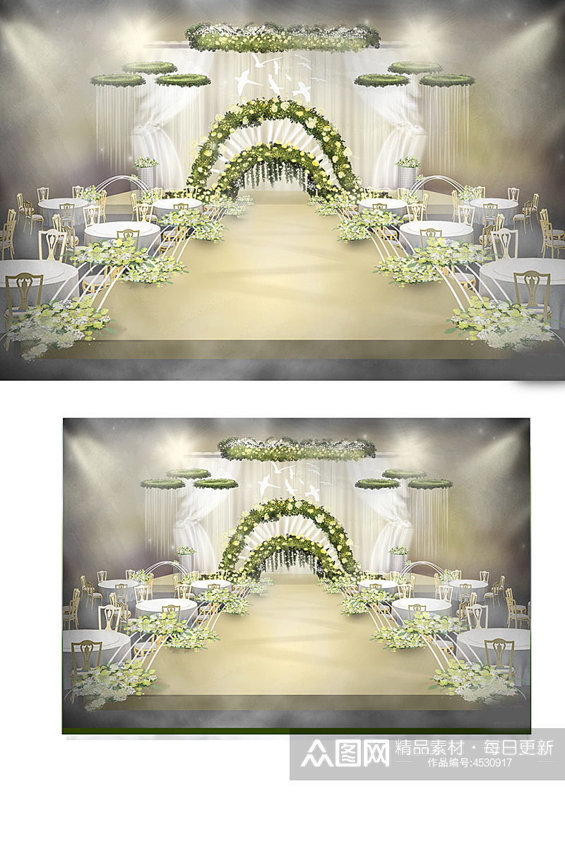森系婚礼高清手绘效果图黄绿色舞台仪式区素材