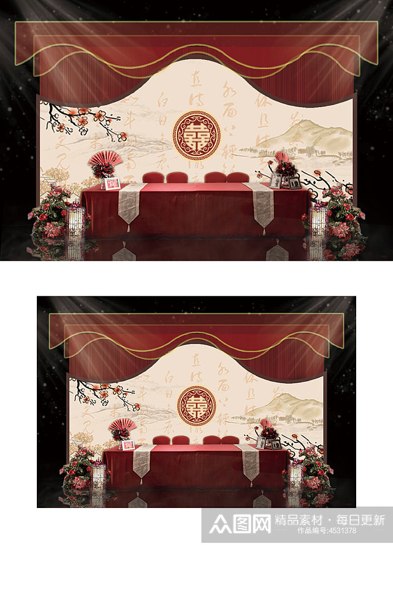 中式大气婚礼效果图红色签到区合影背景板素材