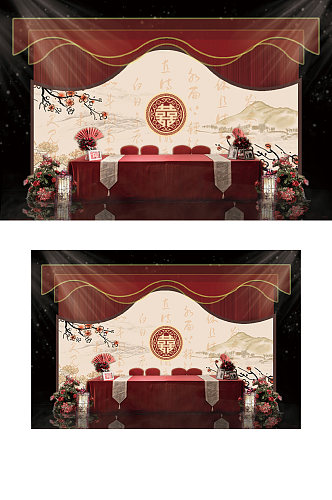 中式大气婚礼效果图红色签到区合影背景板