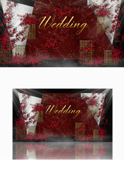红色婚礼迎宾区效果图清新唯美合影背景板
