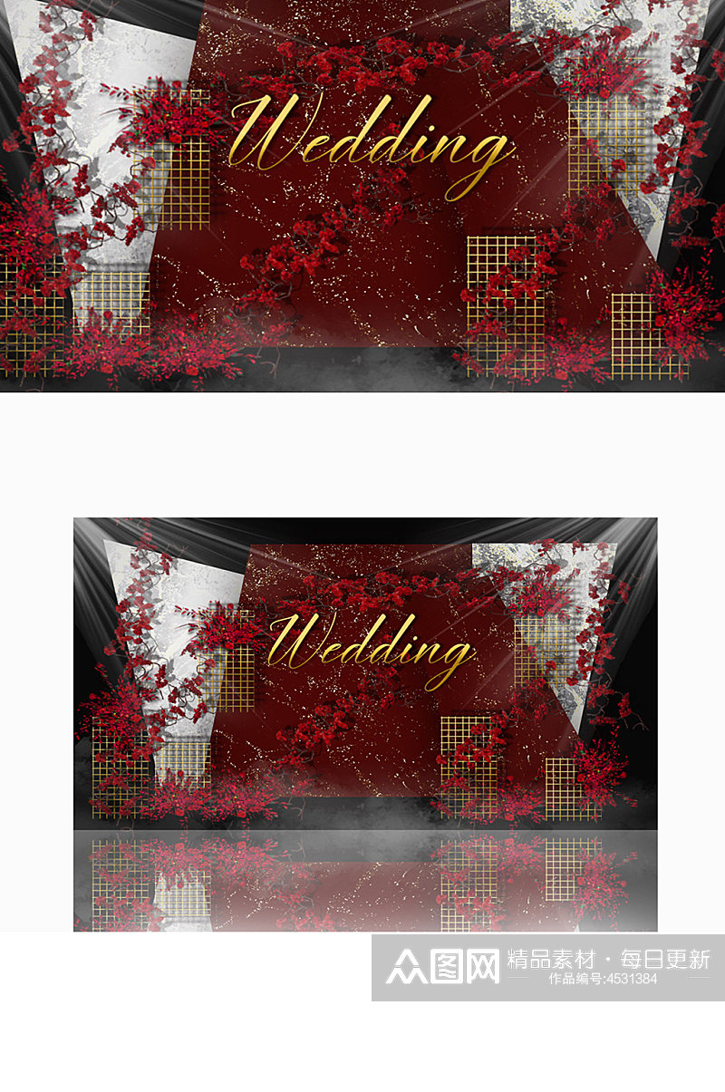 红色婚礼迎宾区效果图清新唯美合影背景板素材