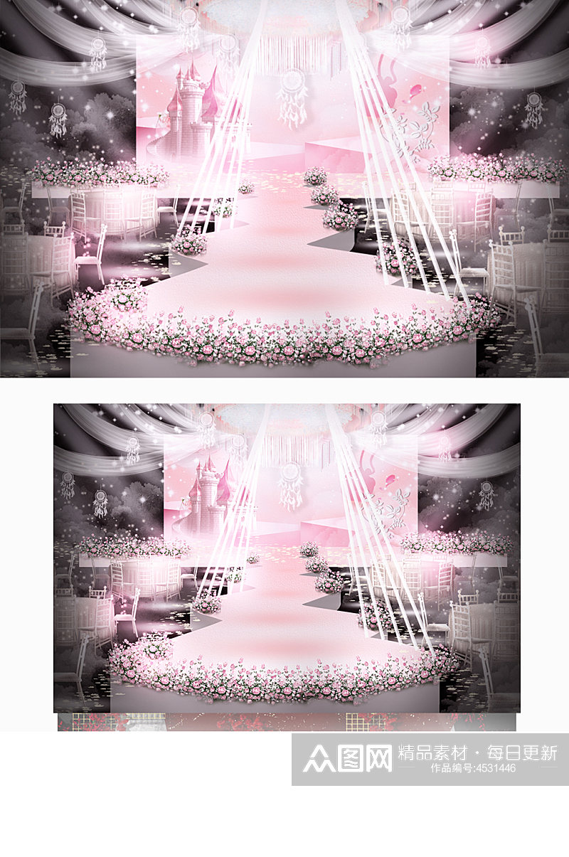 粉色小清新婚礼效果图舞台仪式区浪漫素材