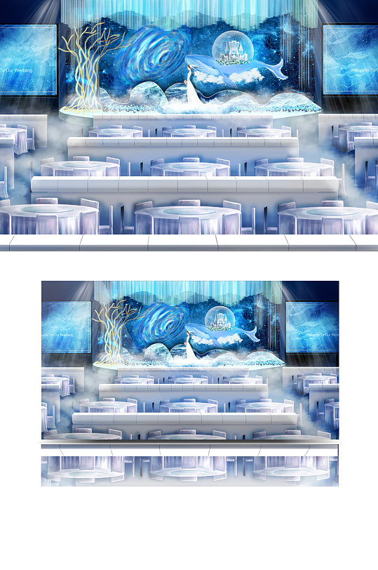 蓝色海洋鲸鱼城堡婚礼效果图舞台仪式区-众图网