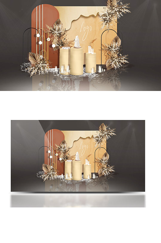 复古撞色婚礼甜品区浪漫香槟色唯美合影背景-众图网