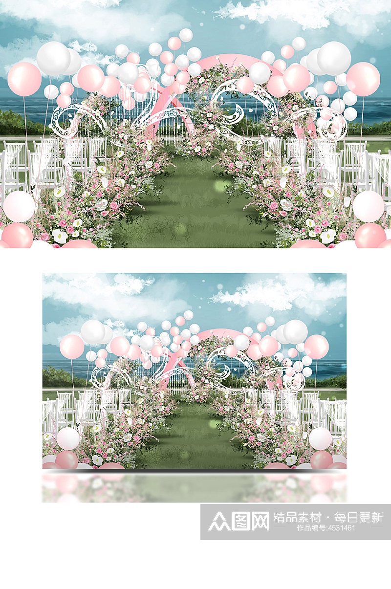 白粉色唯美小清新春季户外气球婚礼效果图素材