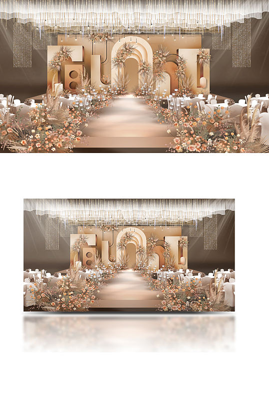 香槟橙色婚礼效果图舞台仪式区浪漫轻奢花艺-众图网