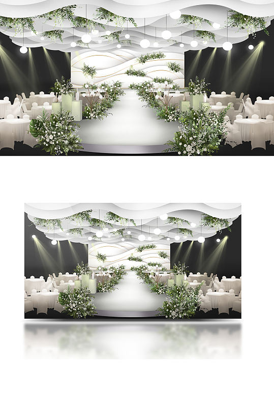 白绿小清新婚礼效果图舞台仪式区花艺唯美-众图网