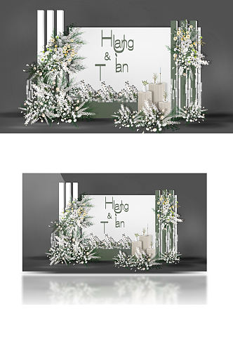 白绿色婚礼迎宾区效果图清新花艺背景板