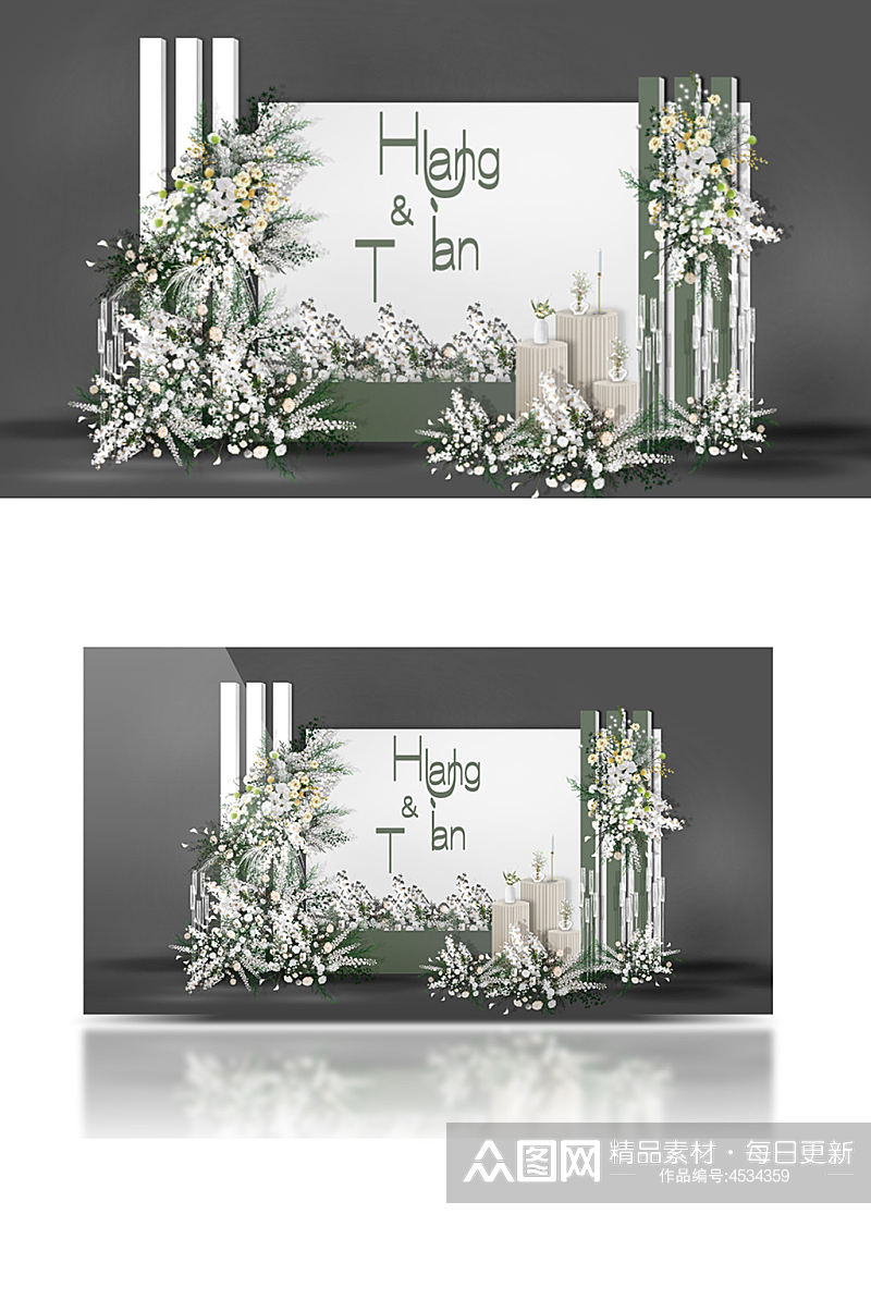 白绿色婚礼迎宾区效果图清新花艺背景板素材