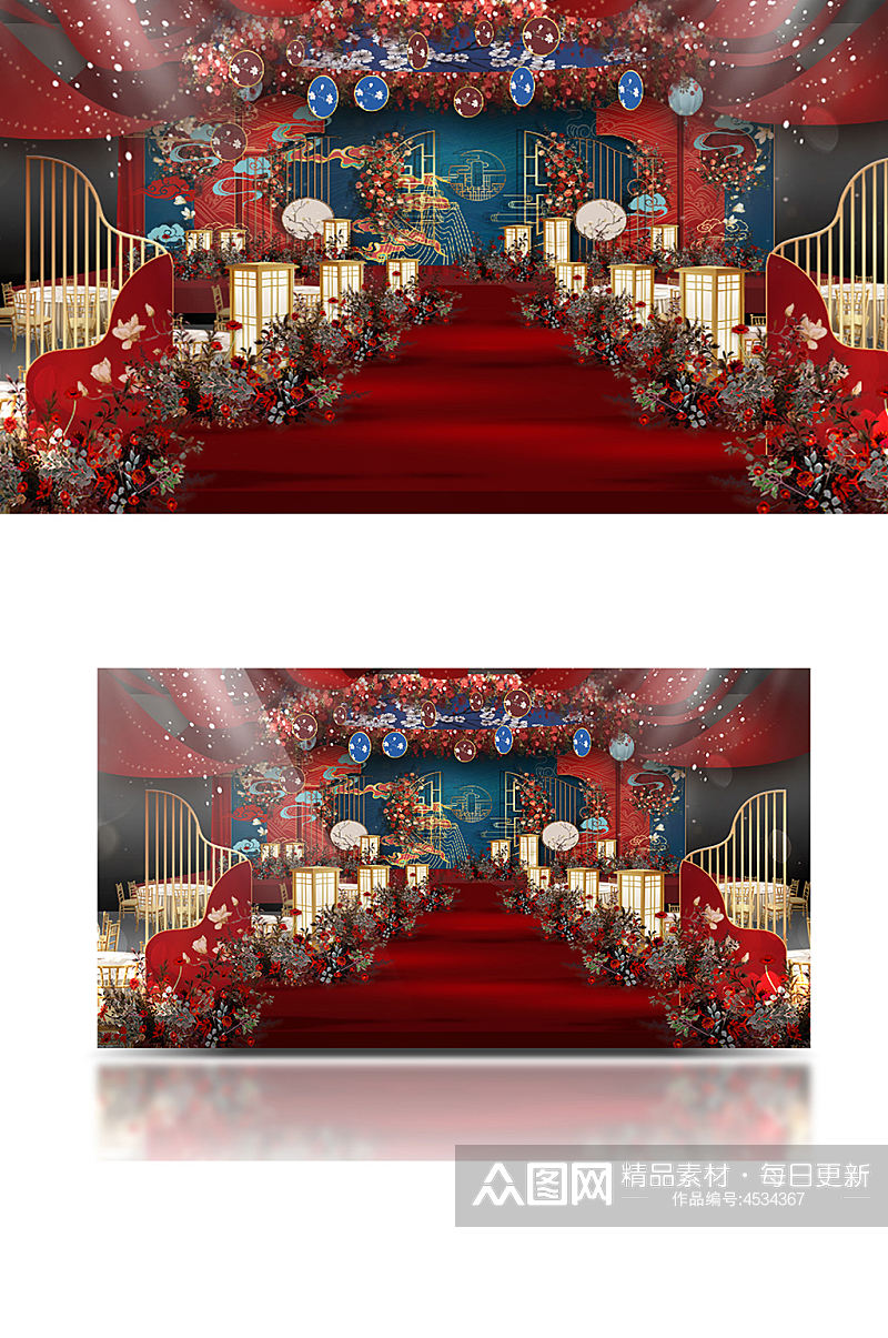 红蓝中式婚礼效果图舞台仪式区梦幻浪漫素材