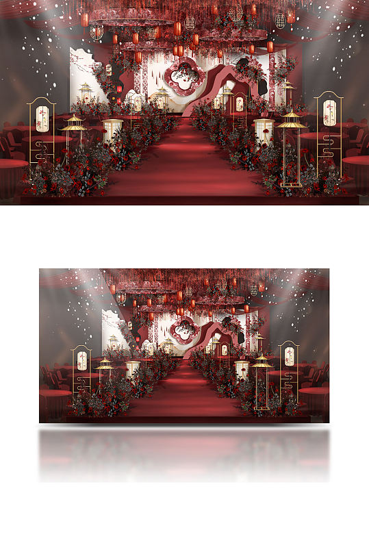 新红色中式婚礼效果图舞台仪式区浪漫-众图网