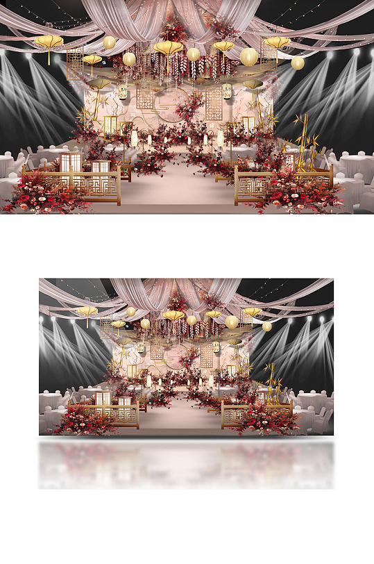 香槟粉中式婚礼效果图舞台仪式区轻奢-众图网