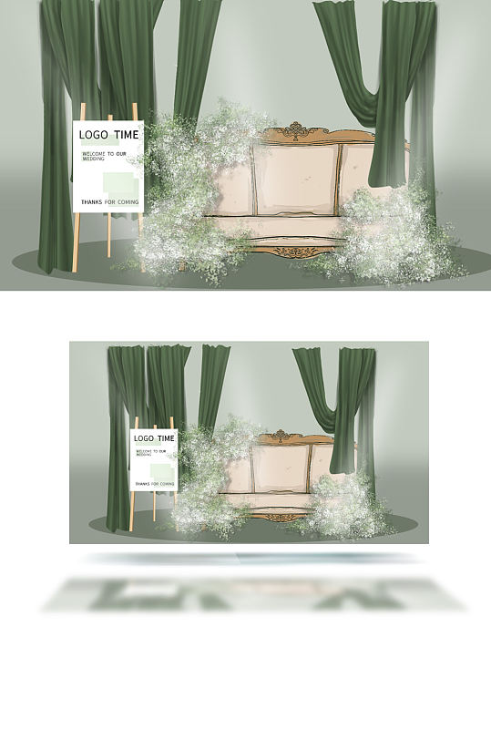 牛油果绿布艺婚礼效果图迎宾区法式长凳花艺-众图网