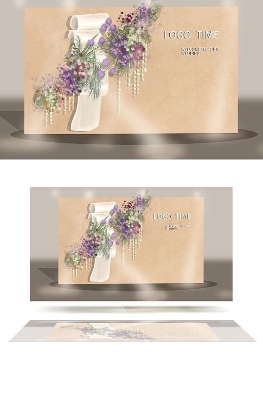小众婚礼迎宾区浅咖色系紫色花艺卷轴背景板