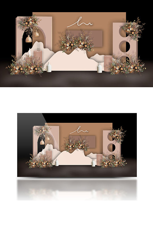 奶茶色咖色婚礼效果图复古合影迎宾背景板-众图网