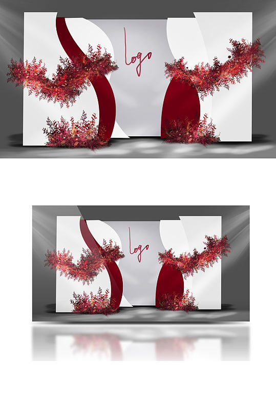 红白简约迎宾区婚礼手绘合影背景板花艺-众图网