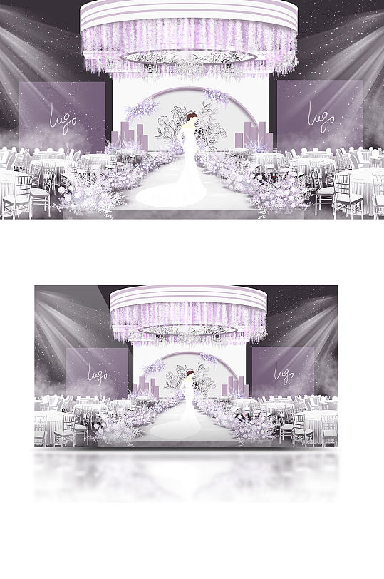 紫白配色花纹主题婚礼全厅效果图舞台仪式区-众图网