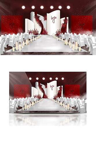 红白简约全厅主题婚礼手绘舞台仪式区大气