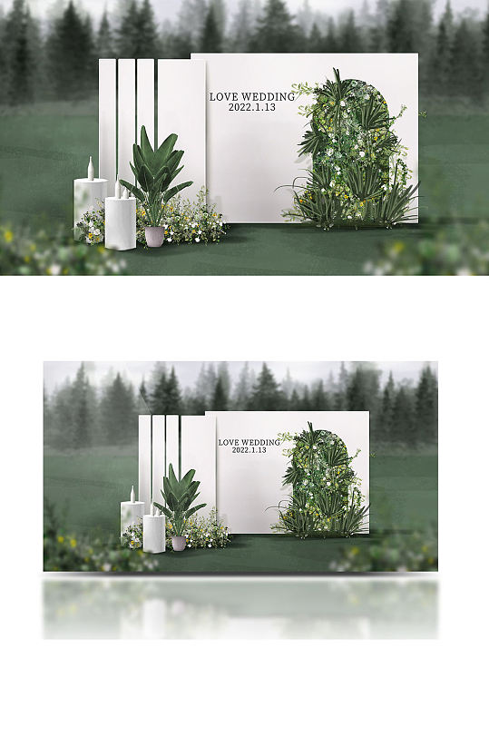 白绿森系户外婚礼效果图清新背景板合影迎宾-众图网