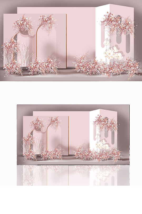 香槟粉色婚礼设计效果图唯美花艺背景板合影