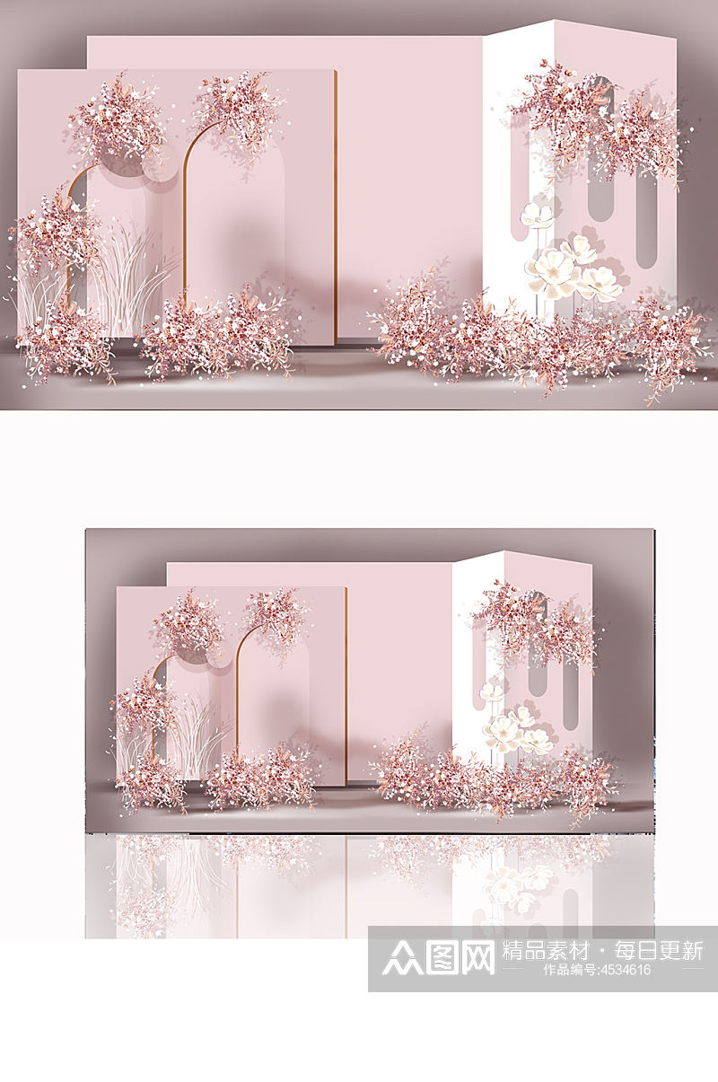 香槟粉色婚礼设计效果图唯美花艺背景板合影素材