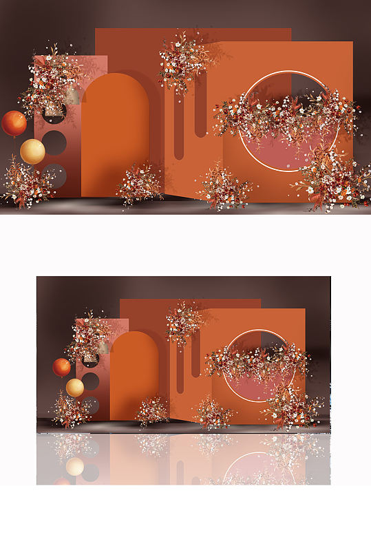 橙色秋色婚礼设计效果图花艺合影背景板
