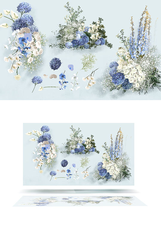 蓝白色花艺小众婚礼花艺组合紫色装饰