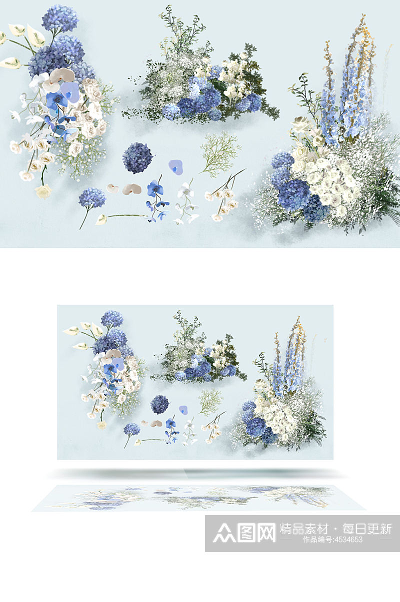 蓝白色花艺小众婚礼花艺组合紫色装饰素材