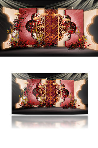 中式红色婚礼效果图合影迎宾背景板