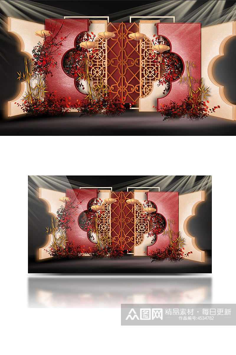 中式红色婚礼效果图合影迎宾背景板素材