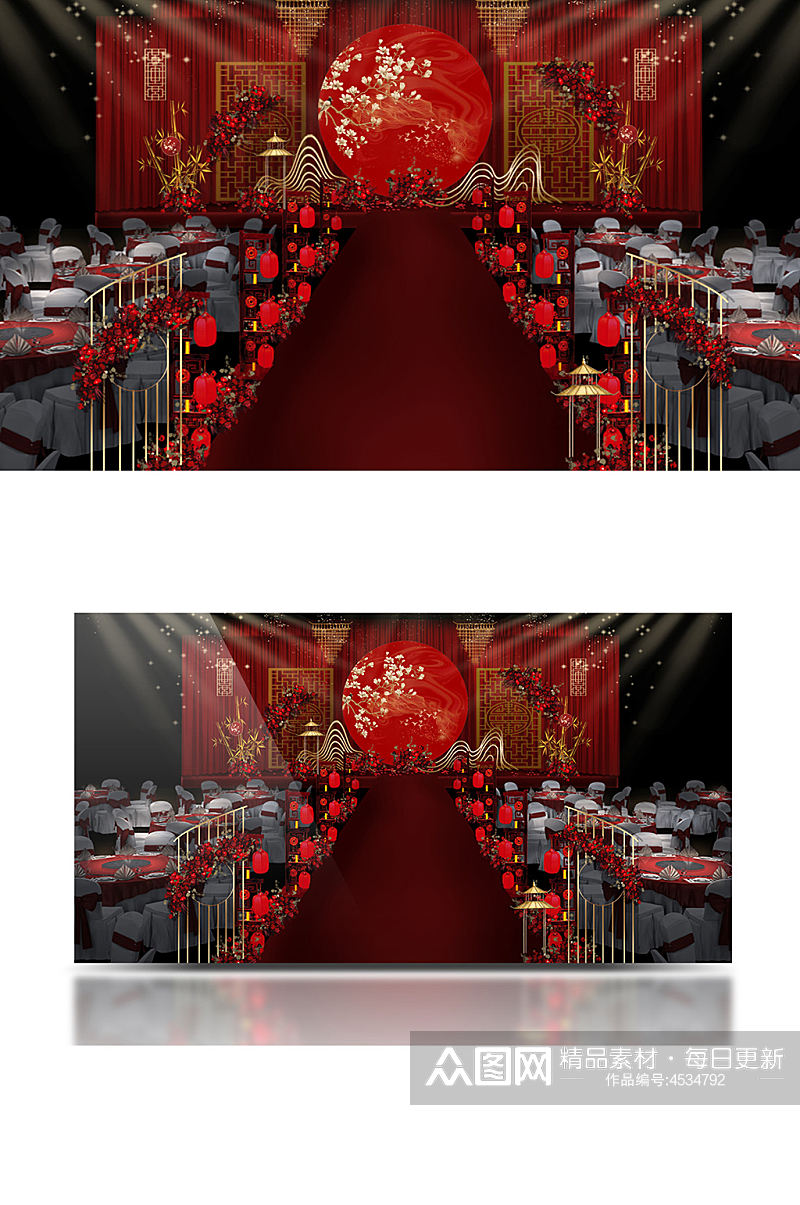 中式婚礼主舞台效果图仪式区大气浪漫素材