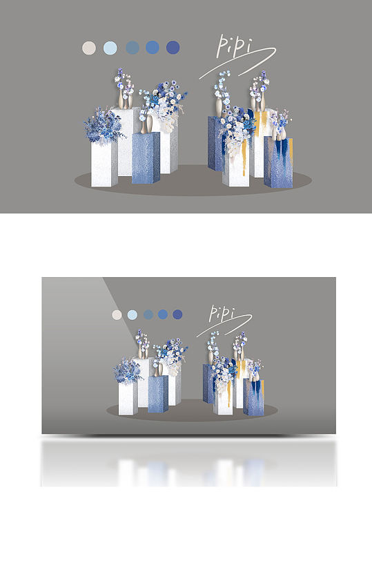 婚礼手绘花艺方柱设计效果图清新蓝白甜品台