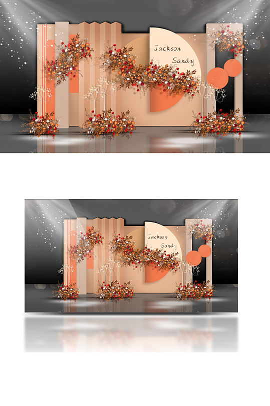 秋色婚礼迎宾区效果图花艺复古奶茶色橙色-众图网