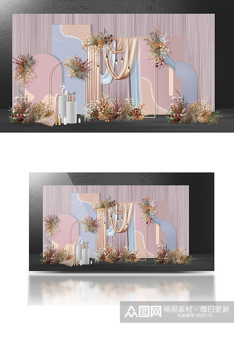 粉蓝撞色婚礼效果图合影背景板清新迎宾素材