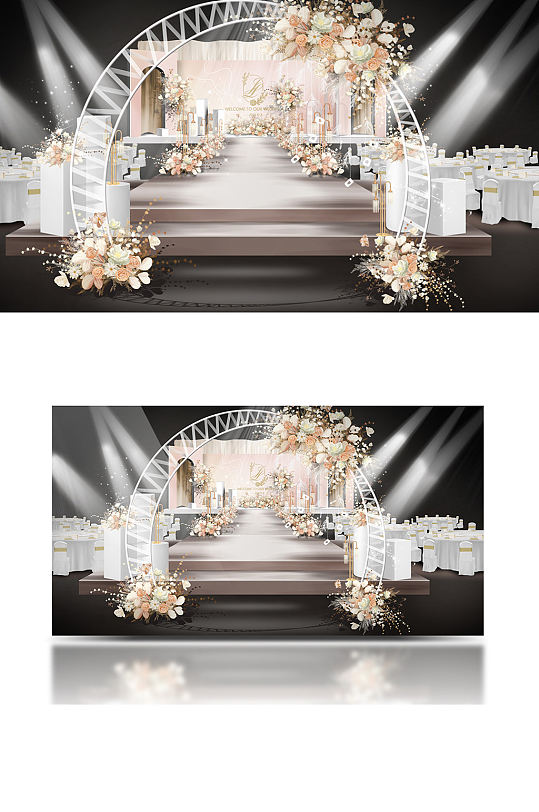香槟粉婚礼主背景大气拱门舞台仪式区