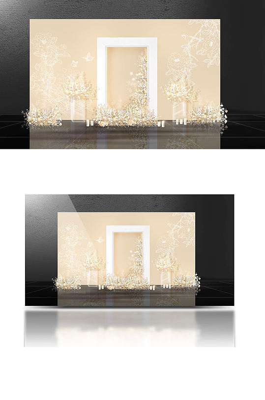 香槟色婚礼迎宾区效果图清新简约合影背景板