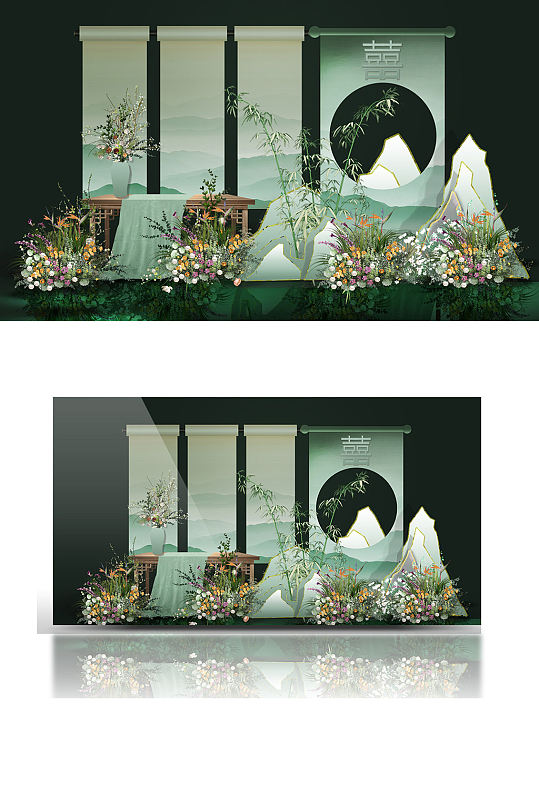 新中式婚礼效果图墨绿色合影迎宾山水淡雅-众图网