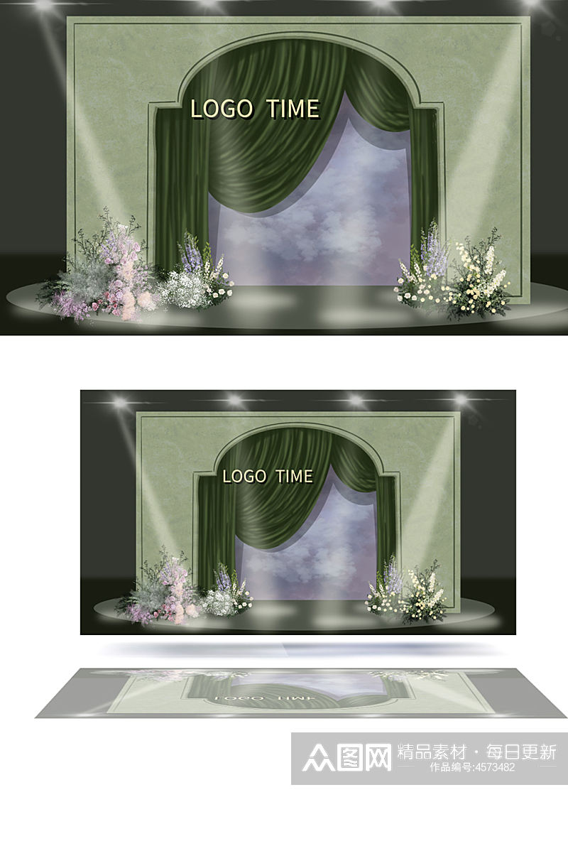 绿色布艺效果图婚礼背景造型油画婚礼花艺素材
